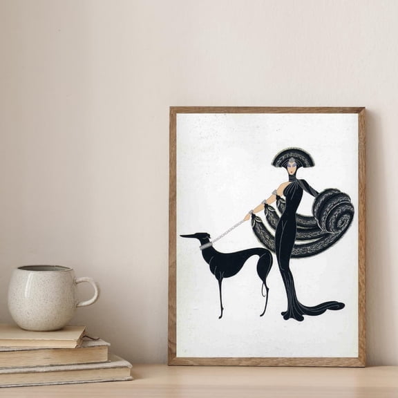 Erte Art Deco Woman Greyhound Wall Art Print, Unframed Paper Poster 8x10in