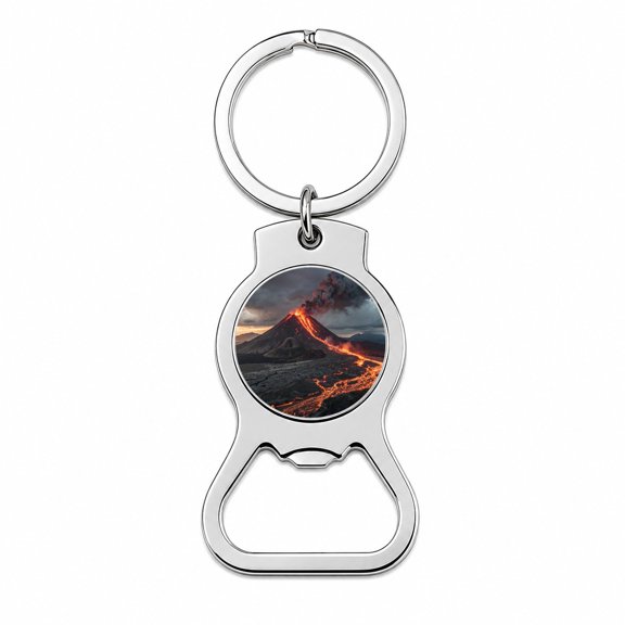 Erupting Volcano With Flowing Lava Portable Bottle Opener Metal Keychain