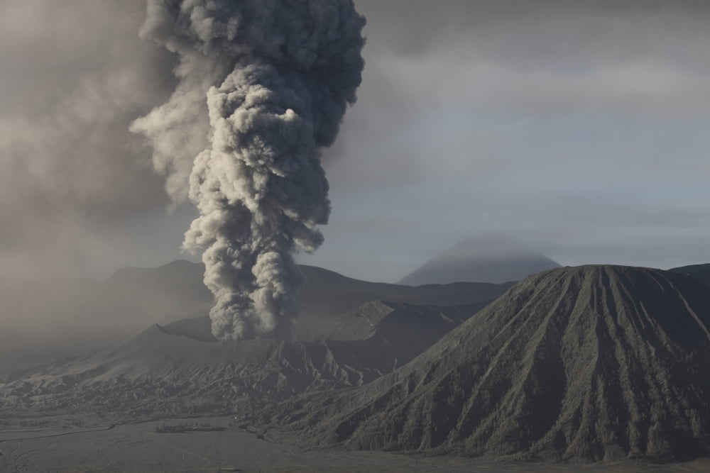 Eruption of ash cloud from Mount Bromo volcano Tengger Caldera Java Indonesia Canvas Art - Richard RoscoeStocktrek Images (18 x 12)