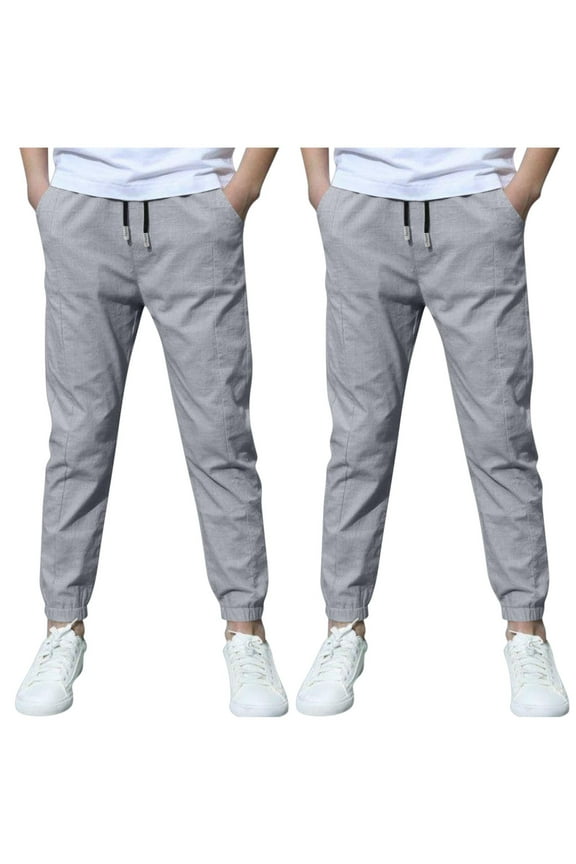 2 Pack Boys Jogger Pants Casual Lightweight Cotton Linen School Uniform Pants Loose Fit Elastic Waist Drawstring Trousers
