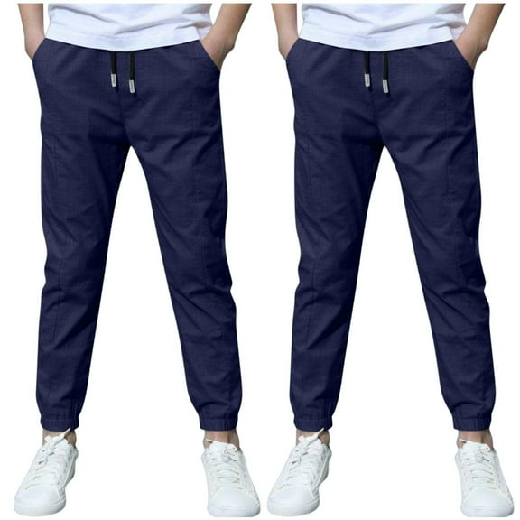Erwazi 2 Pack Boys Jogger Pants Casual Lightweight Cotton Linen School Uniform Pants Loose Fit Elastic Waist Drawstring Trousers