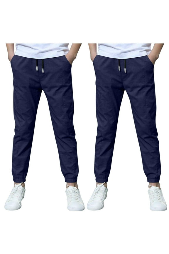 2 Pack Boys Jogger Pants Casual Lightweight Cotton Linen School Uniform Pants Loose Fit Elastic Waist Drawstring Trousers