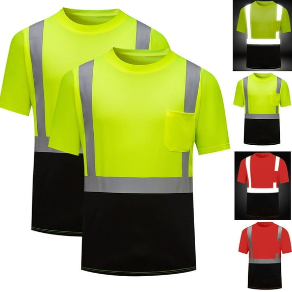 Erwazi 2 Pack Visibility Shirts for Men Quick Dry Short Sleeves Safety Tees with Reflective Strips Hi Vis Construction Work Shirt, 4XL
