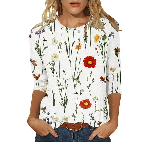 Erwazi 3/4 Sleeve Shirts for Women Crew Neck Floral Printed Tops Spring Summer Outfits Casual Loose T-Shirts Basic Tees