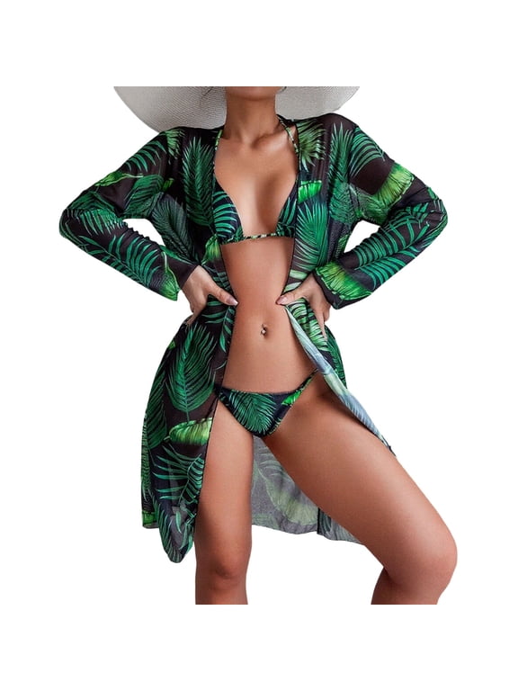 3 Piece Bikini Swimsuits for Women Beach Floral Triangle Top Adjustable Tie Side Bottom Bathing Suit Set with Mesh Cover Up