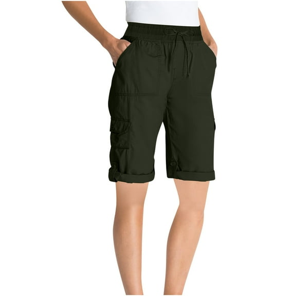 Erwazi Bermuda Shorts for Women Solid Drawstring Cargo Shorts Pants Multi Pockets Casual Summer Straight Leg Shorts for Hiking
