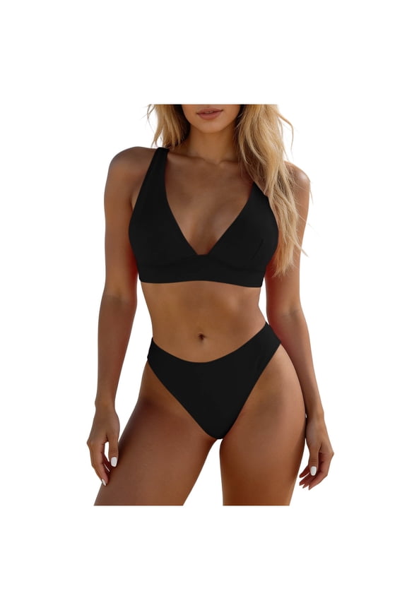 Bikini Swimsuits for Women Tummy Control Solid 2 Piece Swimwear Wireless Padded Casual Bathing Suits Set