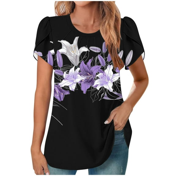 Erwazi Blouses for Women Dressy Casual V Neck Pleated Tunic Tops Summer Short Sleeve Shirts