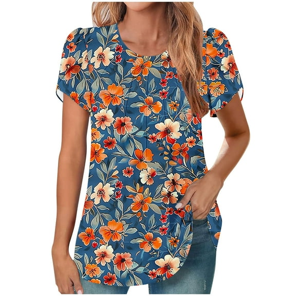 Erwazi Blouses for Women Dressy Casual V Neck Pleated Tunic Tops Summer Short Sleeve Shirts