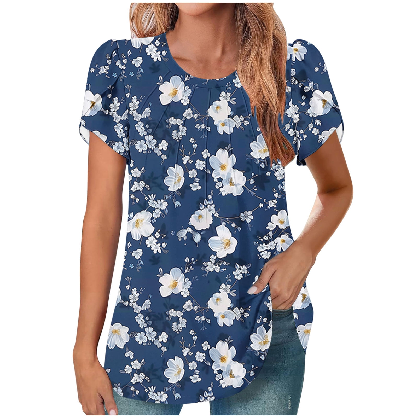 Erwazi Blouses for Women Dressy Casual V Neck Pleated Tunic Tops Summer ...
