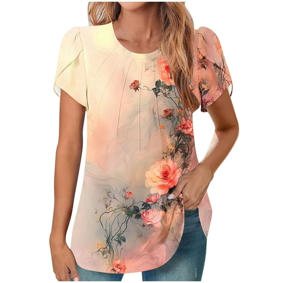 Erwazi Blouses for Women Dressy Casual V Neck Pleated Tunic Tops Summer Short Sleeve Shirts