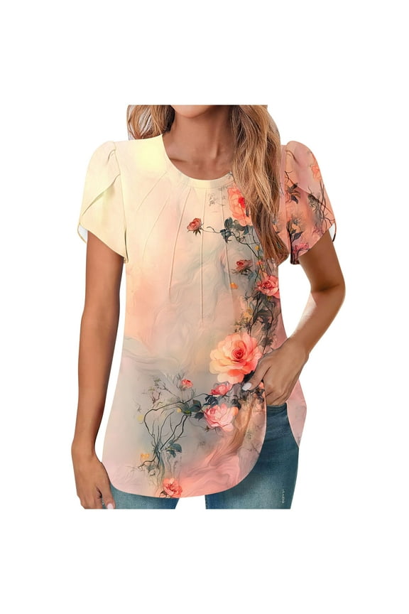 Blouses for Women Dressy Casual V Neck Pleated Tunic Tops Summer Short Sleeve Shirts