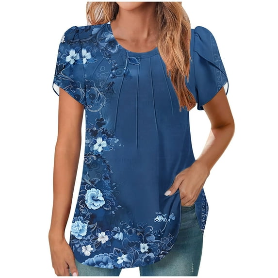 Erwazi Blouses for Women Dressy Casual V Neck Pleated Tunic Tops Summer Short Sleeve Shirts