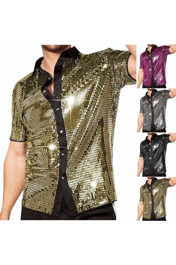 Button Down Shirts for Men Casual Collared Short Sleeve T Shirt Performance Party Dance Tees, S