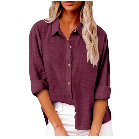 Erwazi Button Down Shirts for Women Long Sleeve V Neck Linen Shirt Casual Loose Fall Blouse Tops