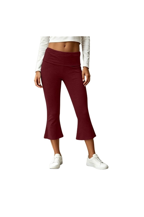Capri Pants for Women Elastic Waist Solid Slim Fit Flared Hem Pants Stretch Casual Wear Capris