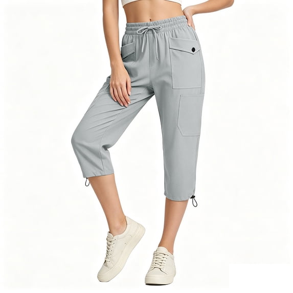 Erwazi Capri Pants for Women Solid Waterproof Cargo Drawstring Waist Cuffed Hem Capris with Multi Pocket