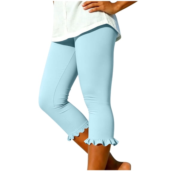 Erwazi Capri Pants for Women Solid Yoga Athletic Elastic Waist Ruffle Hem Comfortable Capris with Pocket