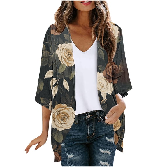 Erwazi Cardigans for Women Printed Chiffon 3/4 Sleeve Open Front Sheer Lightweight Loose Casual Outer Shrug Holiday Outdoor Daily Outfit Top