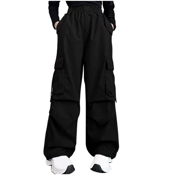 Erwazi Cargo Pants for Kids Boys Girls Athletic Wide Leg Track Pants with Pockets Casual Elastic Waist Slacks, Black, 9-10 Years