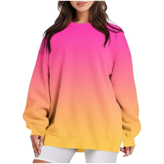 Erwazi Crewneck Sweatshirt Womens Gradient Colorblock Long Sleeve Oversized Pullover Fall Tops Side Slit Trendy Sweatshirts