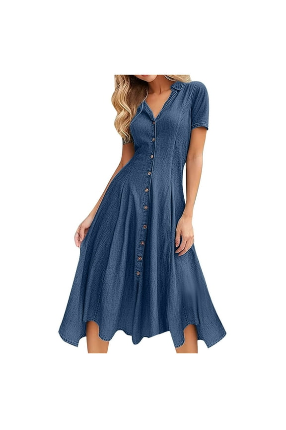 Denim Dress for Women Short Sleeve Button Down Jean Dress Summer Casual Midi Denim Flowy Dresses