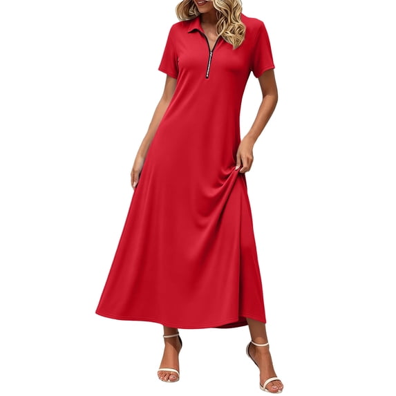 Erwazi Dresses for Women Solid Collared Short Sleeve Solid Dress Waist Cinched Zipper Trendy Casual Daily Summer Dresses