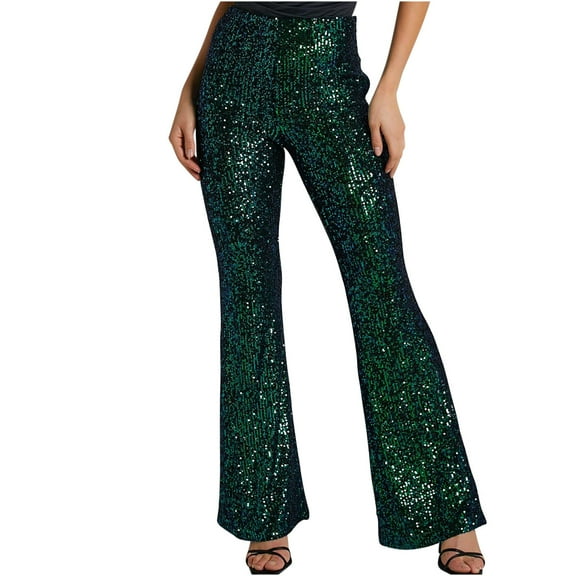 Erwazi Flared Pants for Women Casual Sequins Bell Bottoms Pants Party Holiday Vocation Trousers, Green, XL