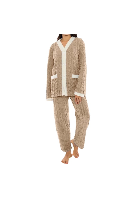 Fleece Fuzzy Pajama Set for Women Button Down Winter Warm Loungewear Set with Pockets