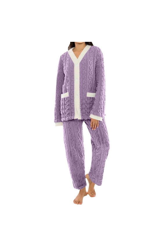 Fleece Fuzzy Pajama Set for Women Button Down Winter Warm Loungewear Set with Pockets