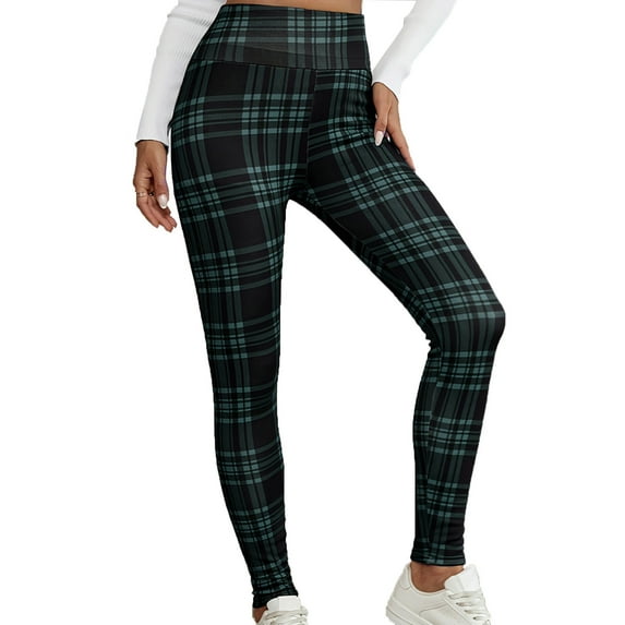 Erwazi Fleece Plaid Leggings for Women Casual Thermal Long Johns Pants High Waisted Tummy Control Yoga Pants, Green, 2XL