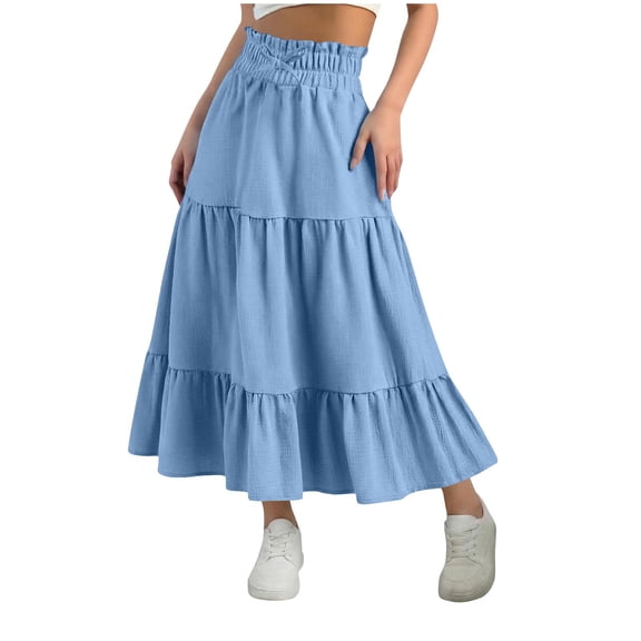 Erwazi Girls Tiered Pleated Long Skirts Solid Color Elastic Waist Drawstring Casual Flowy A-Line Skirt, Blue, 12-13 Years