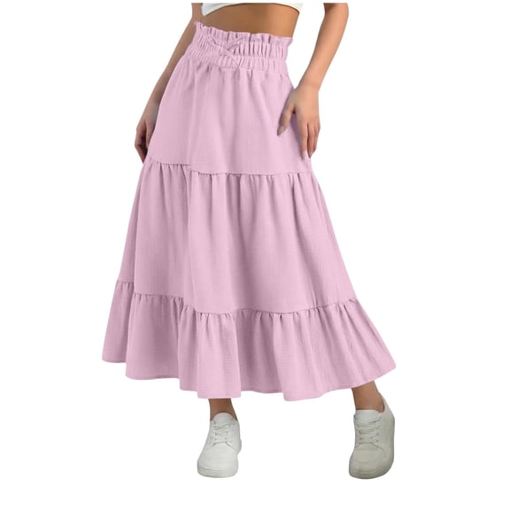 Erwazi Girls Tiered Pleated Long Skirts Solid Color Elastic Waist Drawstring Casual Flowy A-Line Skirt, Pink, 10-11 Years