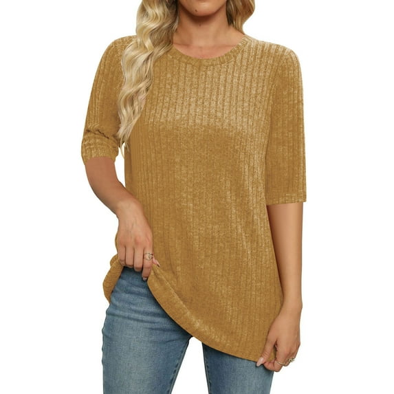 Erwazi Half Sleeve Shirts for Women Ribbed Knit Tunic Tops Dressy Crew Neck Pullover Basic Sweaters for Women