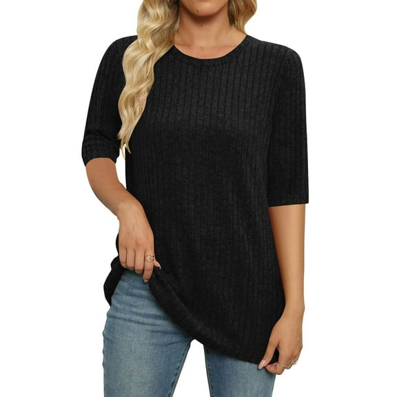 Erwazi Half Sleeve Shirts for Women Ribbed Knit Tunic Tops Dressy Crew Neck Pullover Basic Sweaters for Women
