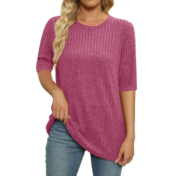 Erwazi Half Sleeve Shirts for Women Ribbed Knit Tunic Tops Dressy Crew Neck Pullover Basic Sweaters for Women