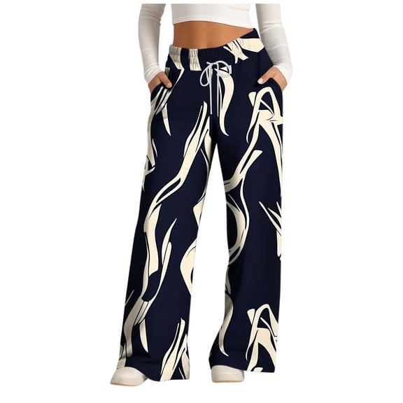 Erwazi High Waisted Pants for Women Loose Fit Drawstring Waist Wide Leg Print Casual Lounge Trousers