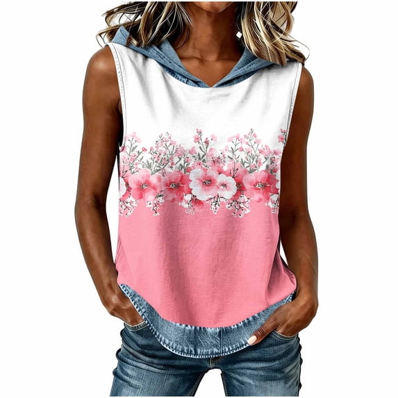 Erwazi Hooded Tops for Women Summer Sleeveless Denim Printed Vest Outdoor Activities Casual Jeans Tunic Top
