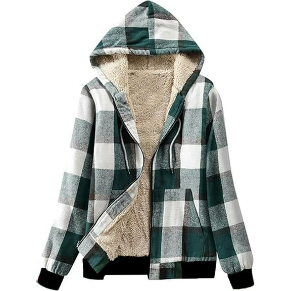 Erwazi Hoodies for Women Fleece Lined Sweatshirt Plaid Printed Full Zip Up Thick Warm Hooded Jacket