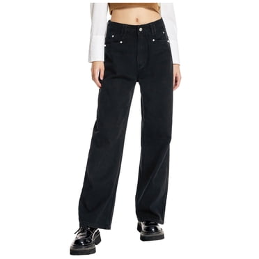 Mid Rise Straight Leg Jeans For Women DOKOTOO Women's Wide Leg Jeans Loose Casual Stretchy Denim Pants Trousers Trendy Retro High Waist Baggy Jeans With Pockets Us Size 12 Barrel Jeans Women