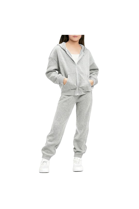 Kids Girls 2 Piece Athletic Outfit Sets Toddlers Valentines Zip Up Hoodies Elastic Waist Jogger Pants 2Pcs Sweatsuits Fall Winter Clothing Set, Gray, 12-13 Years