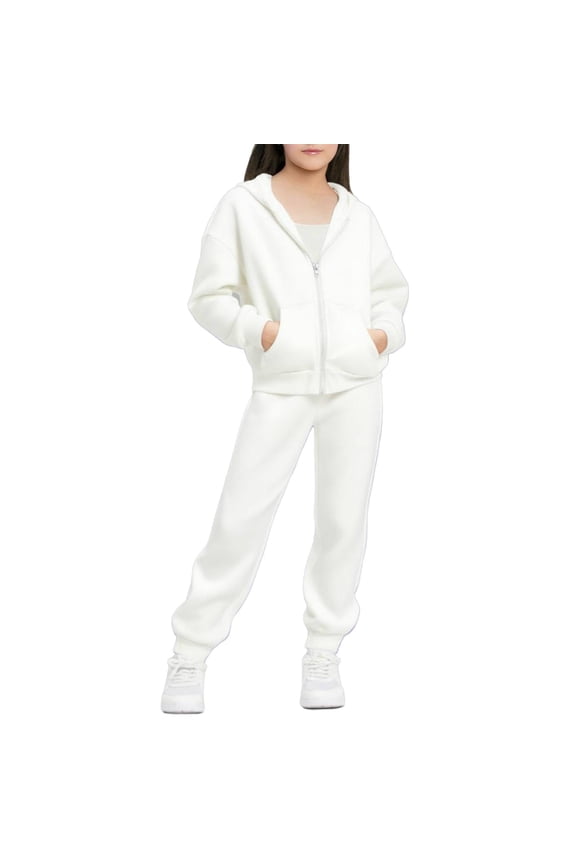 Kids Girls 2 Piece Athletic Outfit Sets Toddlers Valentines Zip Up Hoodies Elastic Waist Jogger Pants 2Pcs Sweatsuits Fall Winter Clothing Set, White, 12-13 Years