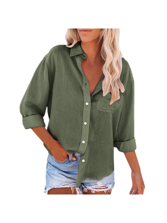 Linen Button Down Shirts for Women Roll Up Long Sleeve V Neck Blouse Tops with Pockets