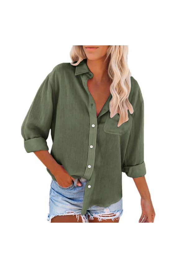 Linen Button Down Shirts for Women Roll Up Long Sleeve V Neck Blouse Tops with Pockets