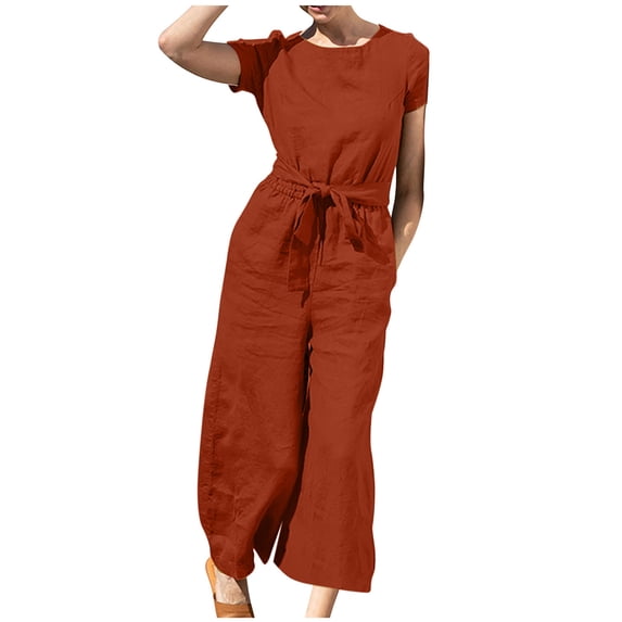 Erwazi Linen Jumpsuits for Women Short Sleeve Solid Crewnek Loose Wide Leg Palazzo Cropped Pants Lounge Romper with Pockets