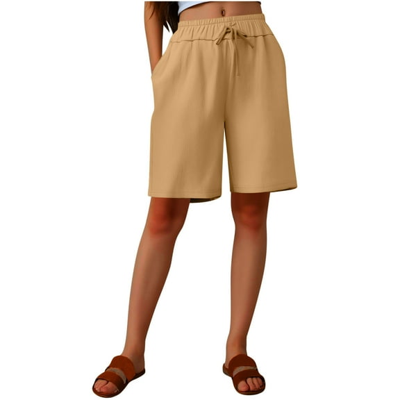 Erwazi Linen Shorts Women Casual Summer Drawstring Waist Bermuda Shorts with Pockets