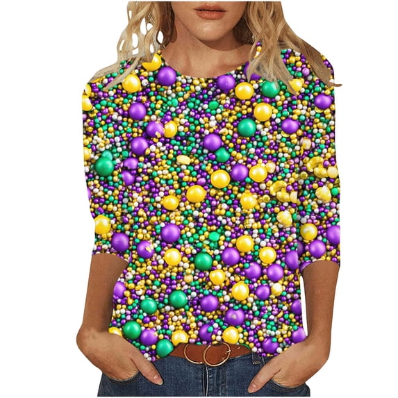 Erwazi Mardi Gras T-Shirt for Women Graphic Printed Crewneck 3/4 Sleeve Carnival Tee Top