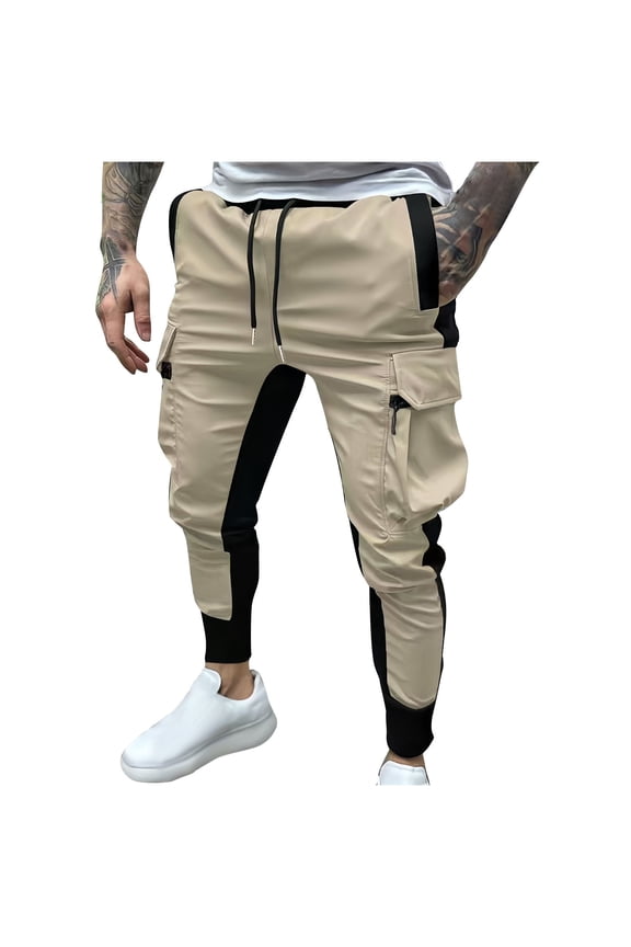 Men's Color Block Cargo Pants Elastic Waist Drawstring Cuffed Slim Fit Calf Athletic Trousers with Multi Pockets