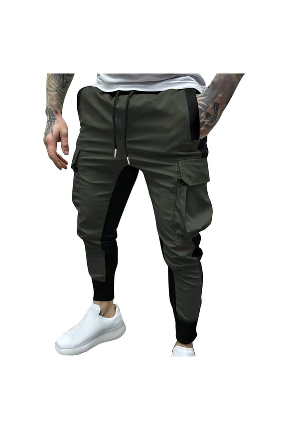 Men's Color Block Cargo Pants Elastic Waist Drawstring Cuffed Slim Fit Calf Athletic Trousers with Multi Pockets