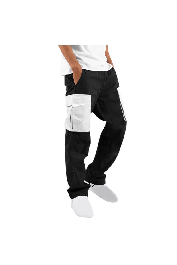 Men's Cotton Color Block Cargo Pants Drawstring Waist Straight Leg Outdoor Workout Casual Pants with Multi Pockets